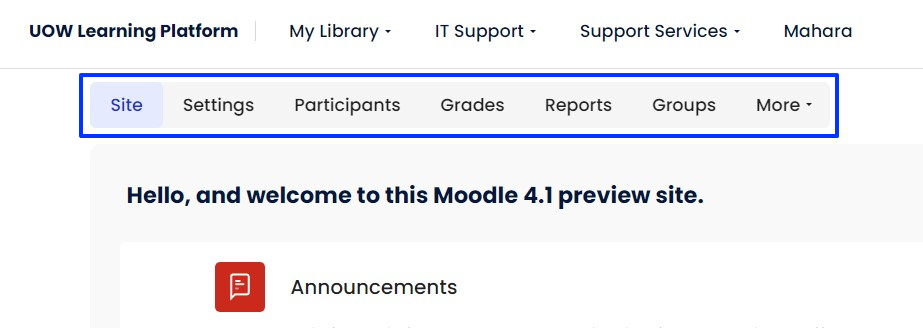 Moodle 4.1 site menu example